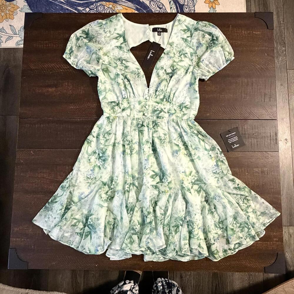 NWT Lulus Grateful Feelings Sage Green Floral Puff Sleeve Dress Small Spring - Picture 11 of 16